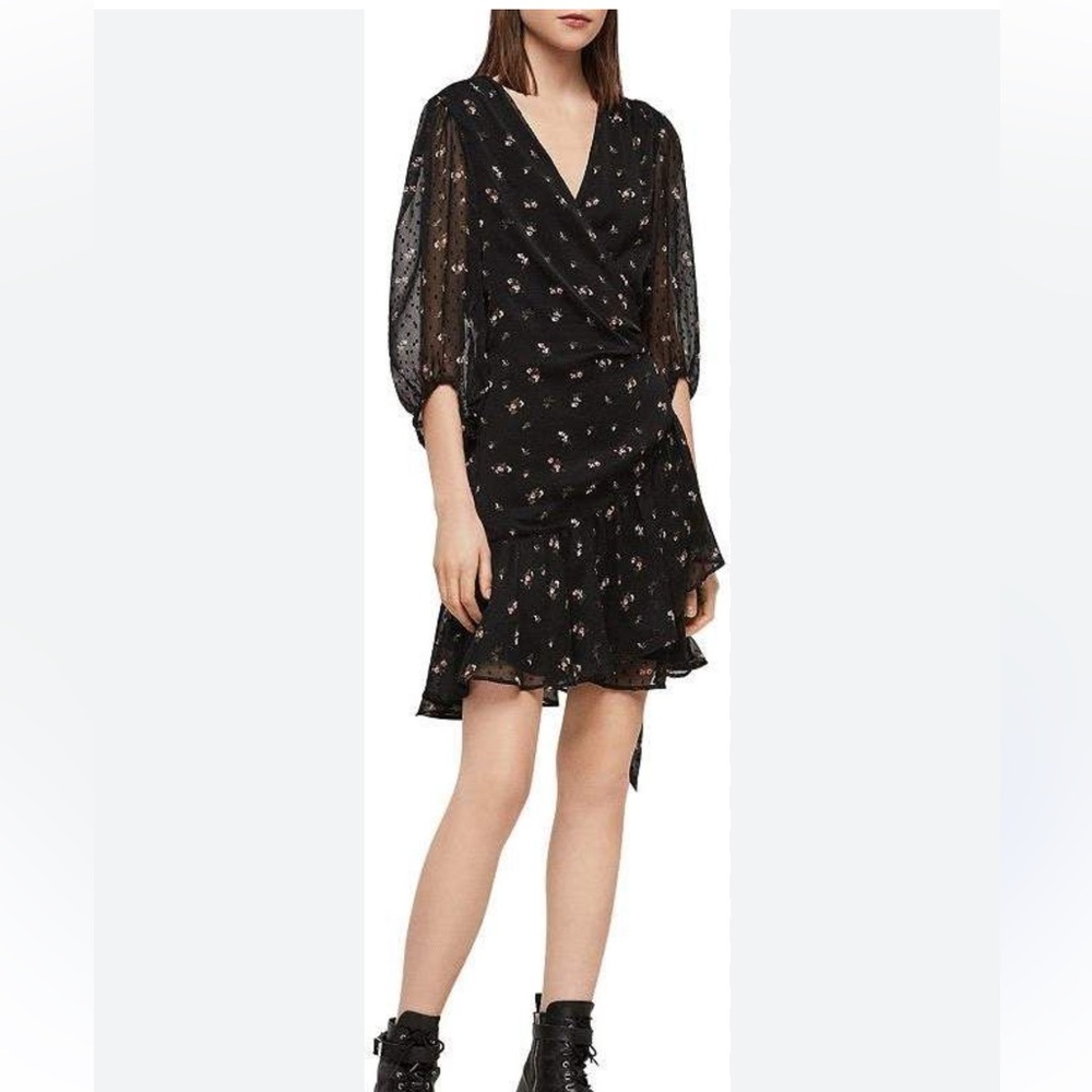 All Saints black pink floral wrap dress